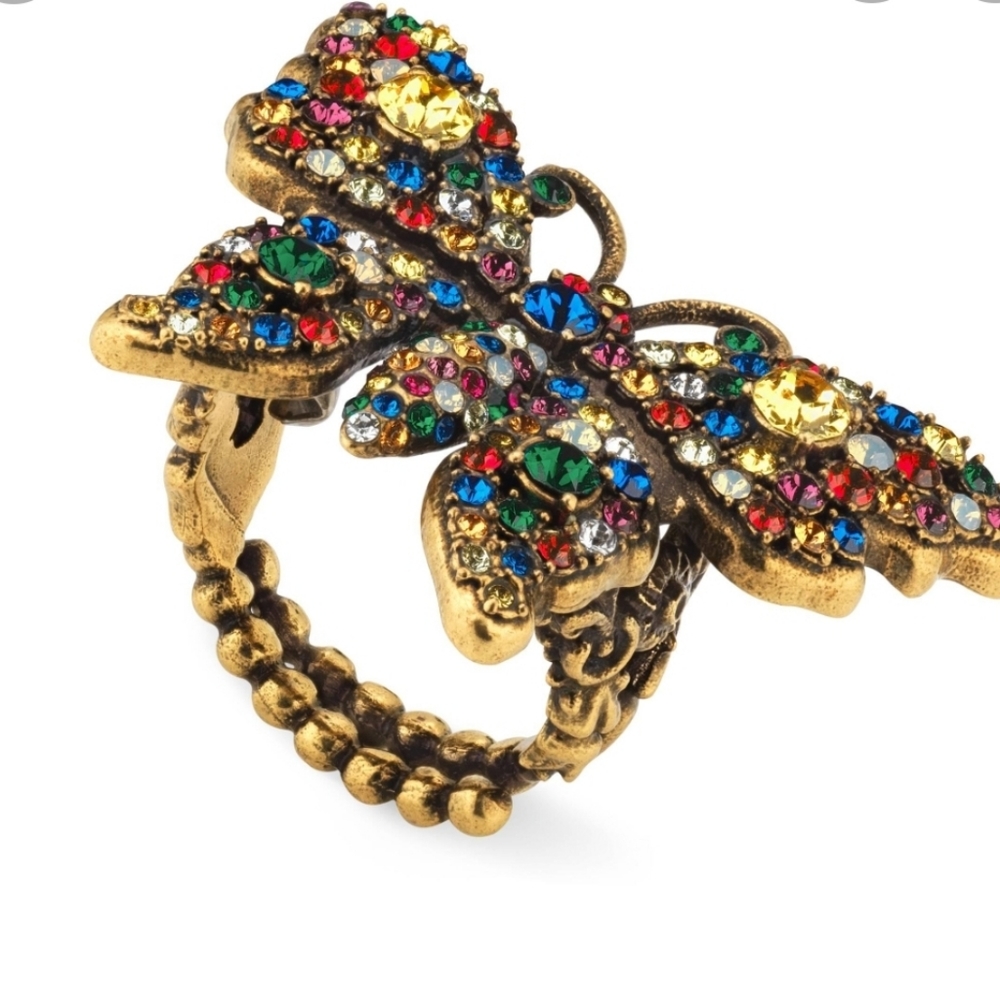 Authentic Gucci Gold Tone Metal Multicolor Crystal Studded butterfly Ring